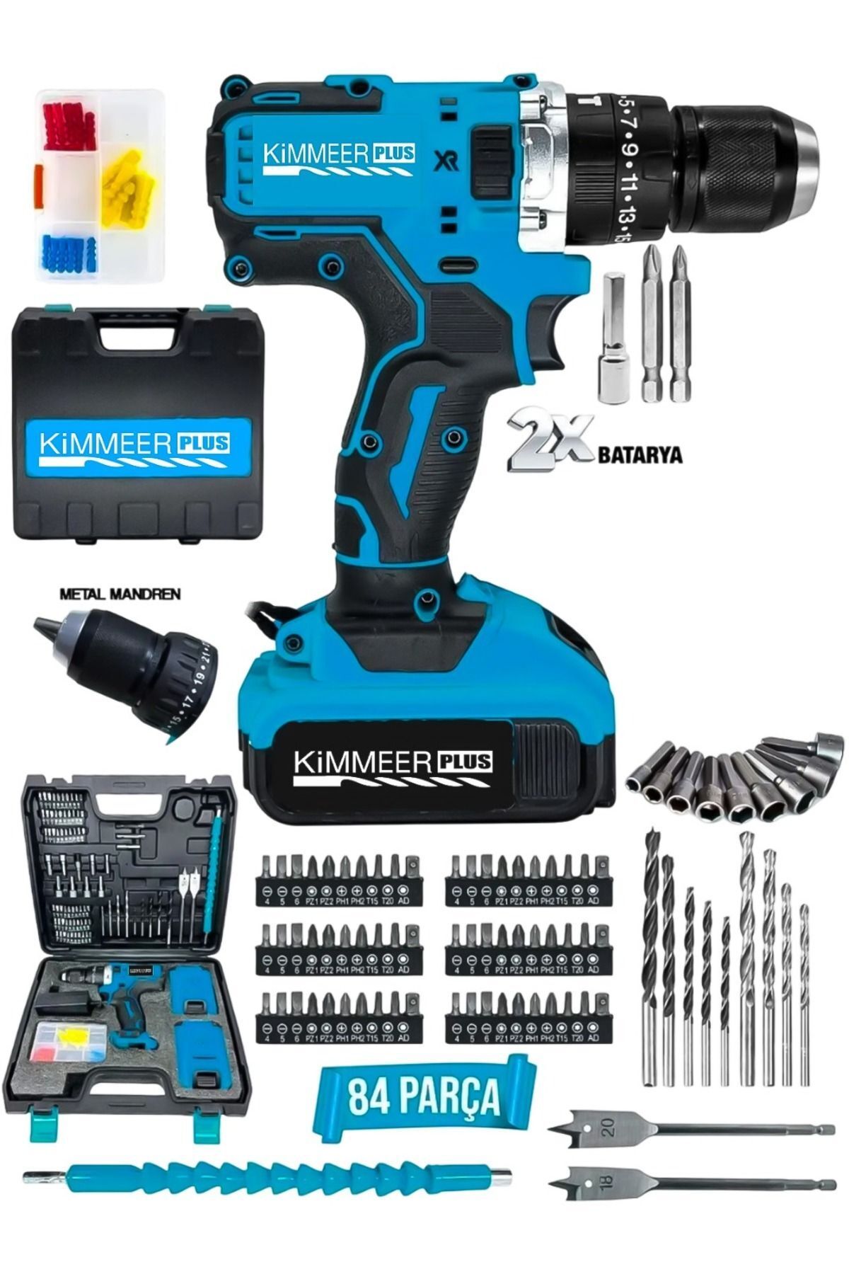 teknotrust Kimmer Plus 14.4 V 2ah Şarjlı Matkap Metal Şanzuman Bakır Sargılı Çift Akülü 84 Parça Set Hediye