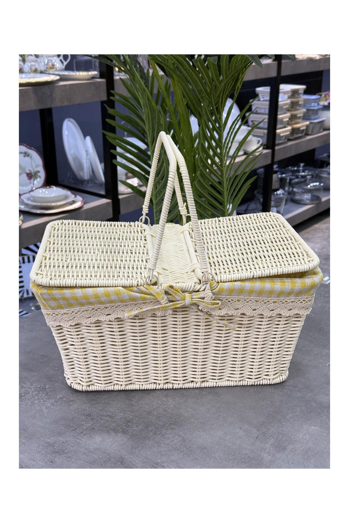 Doğudeko Dikdörtgen Rattan Lüx Krem Piknik Sepeti