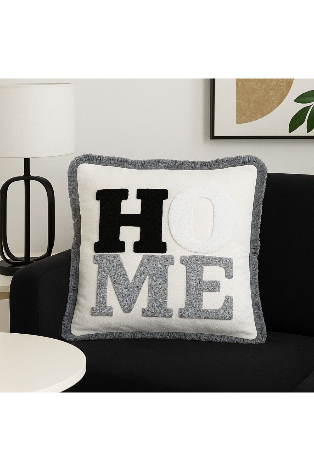 portofino Saçaklı "HOME" Yazılı Dekoratif Kırlent Kılıfı
