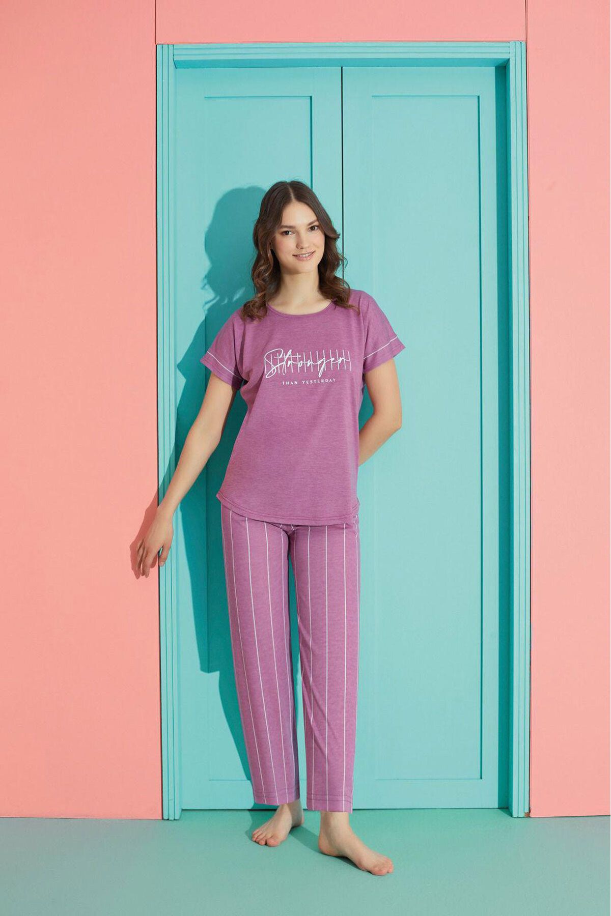 Pijamoni Polyviskon Kısa Kol Alt Uzun Pijama Takımı