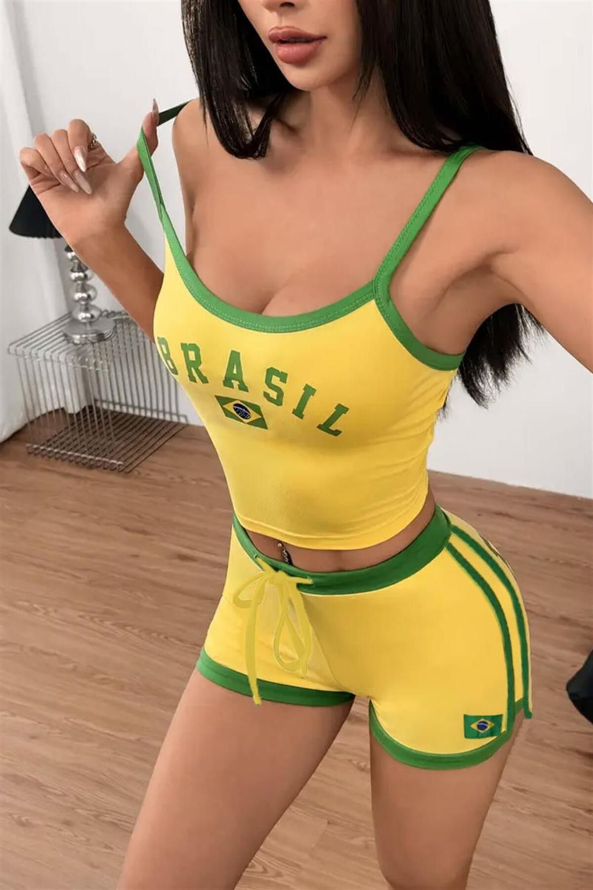 Karakedi Sarı Vintage Brasil Yeşil Şeritli Crop Şort İkili Takım