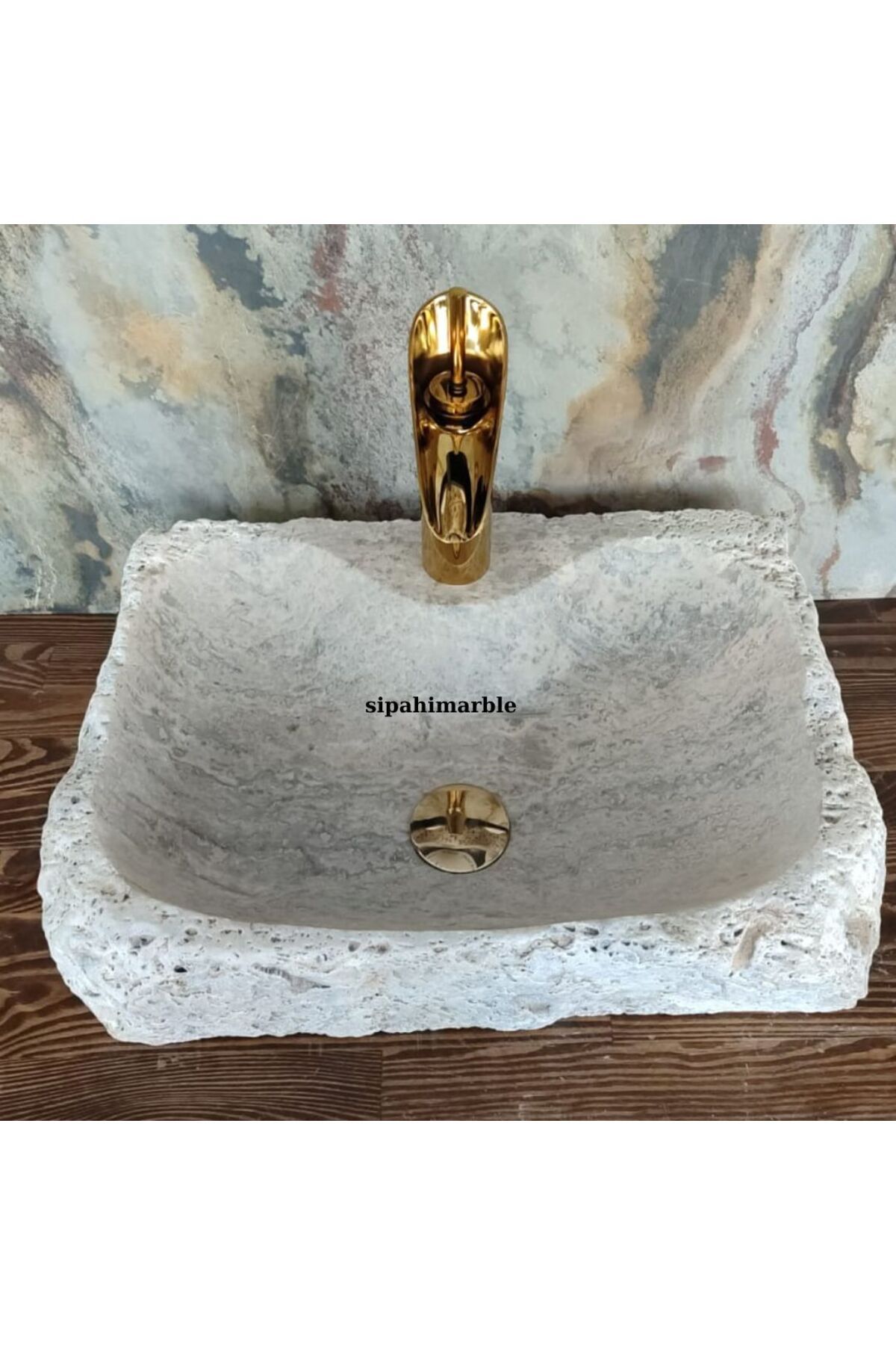 SİPAHİMARBLE Gümüş Traverten Batarya Çıkışlı Dikdörtgen Lavabo
