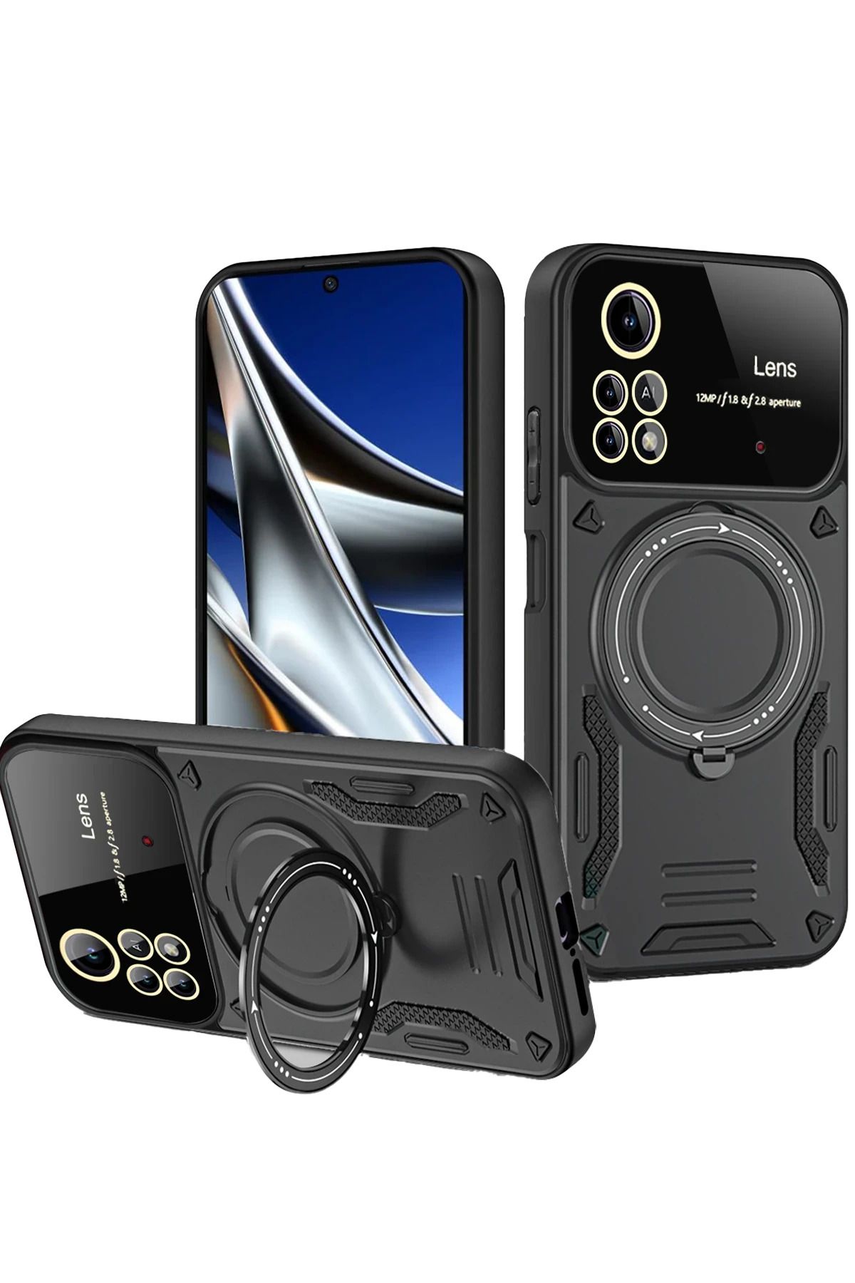 NewFace Xiaomi Poco X4 Pro 5G Kılıf Joy Lens Standlı Kapak - Siyah YNSMR