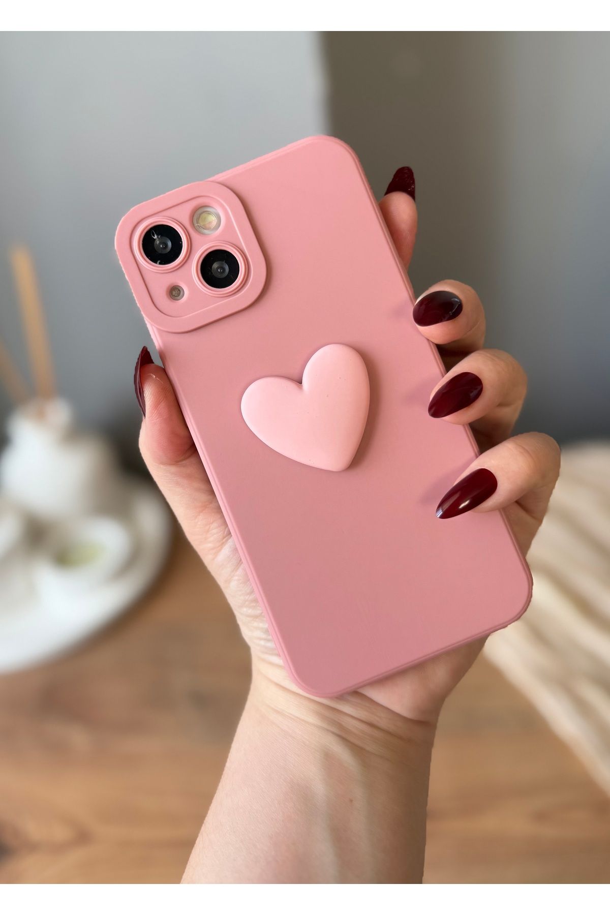 MirazTasarim IPHONE 13 3D KALP DEKORLU PUDRA RENK KILIF