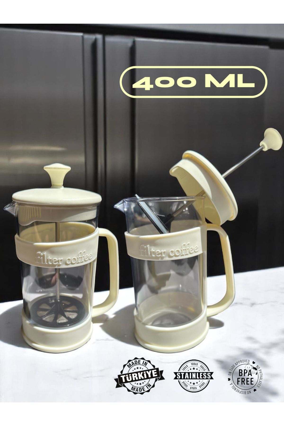 MUF HOME French Press - Dayanıklı Malzeme Filtre Kahve ve Bitki Çayı Demliği 400 ML
