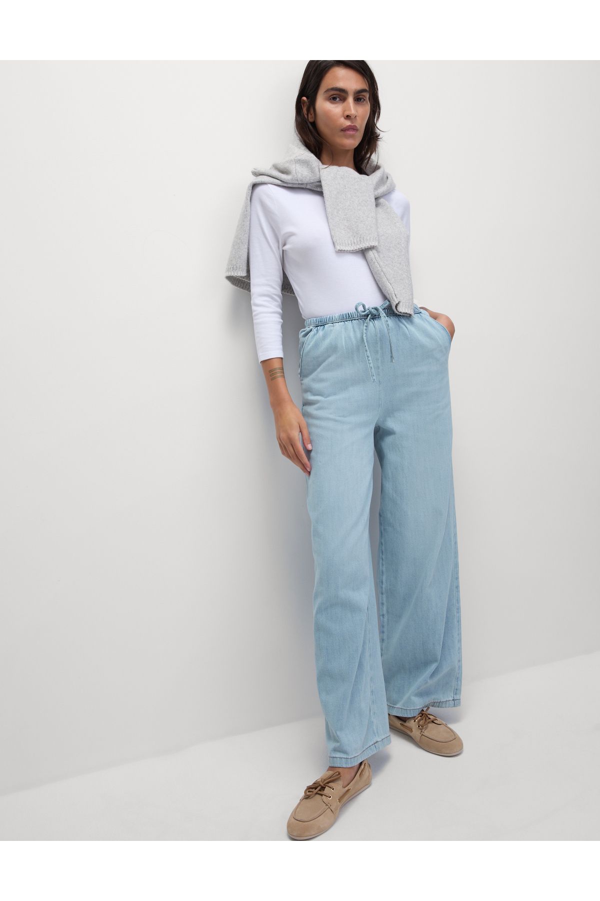 Marks & Spencer Denim Büzgülü Wide Leg Pantolon