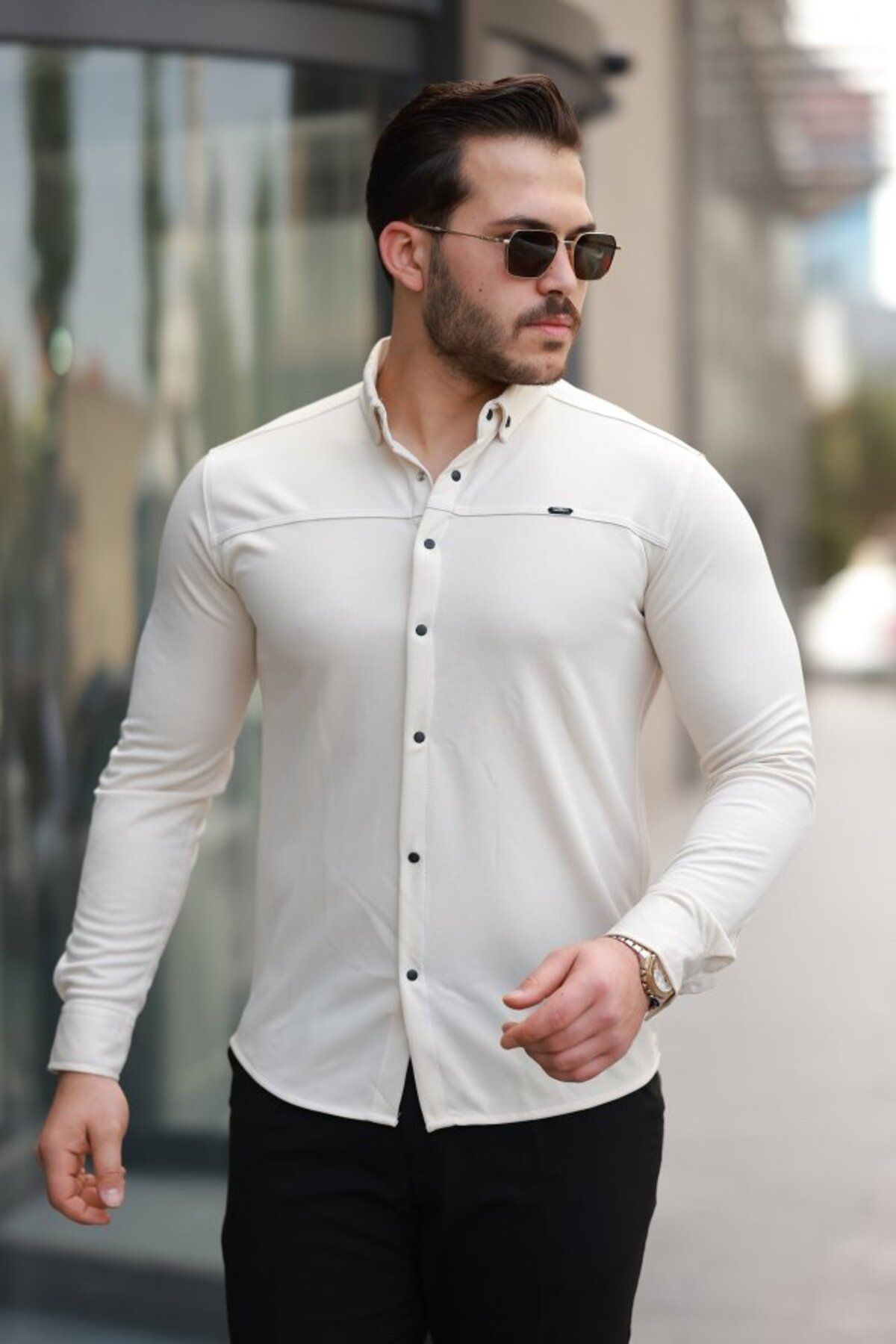 Kokosh moda Erkek Çıtçıt Düğmeli Dikiş Detaylı Uzun Kollu Gömlek
