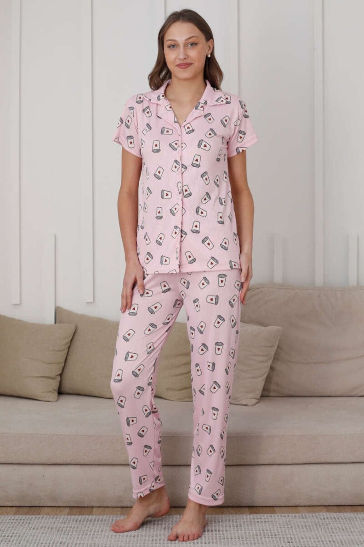 My Blog Pembe Kahve Bardağı Desenli Düğmeli Pijama Takımı - 15655