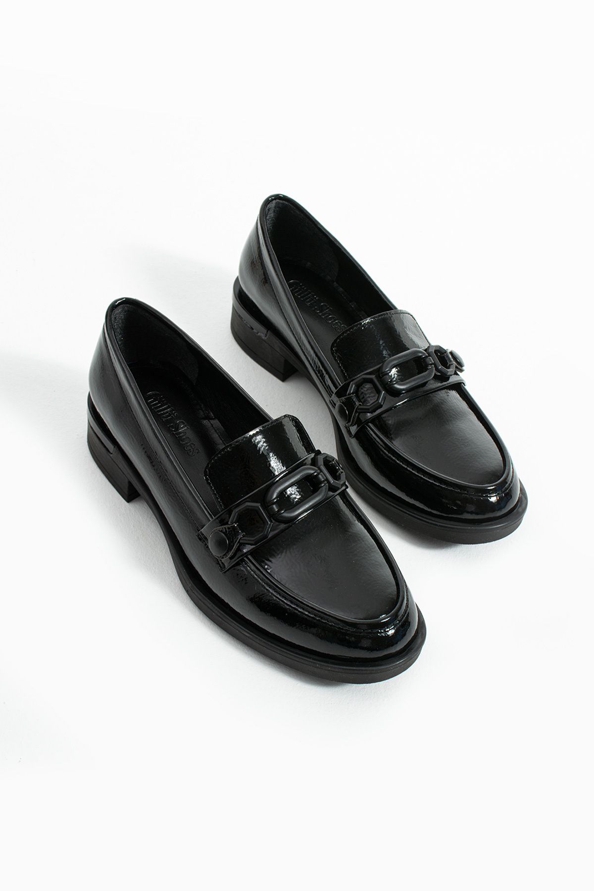 Güllü Shoes-Black Crinkled Patent Leather Buckle Vegan Leather Women's Loafer Shoes |   Comfortable Daily Office Stylish Shoes 6