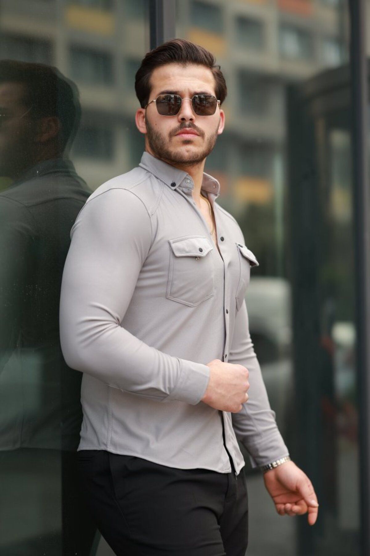 Kokosh moda Erkek Çift Cepli Çıtçıt Düğmeli Uzun Kollu Gömlek