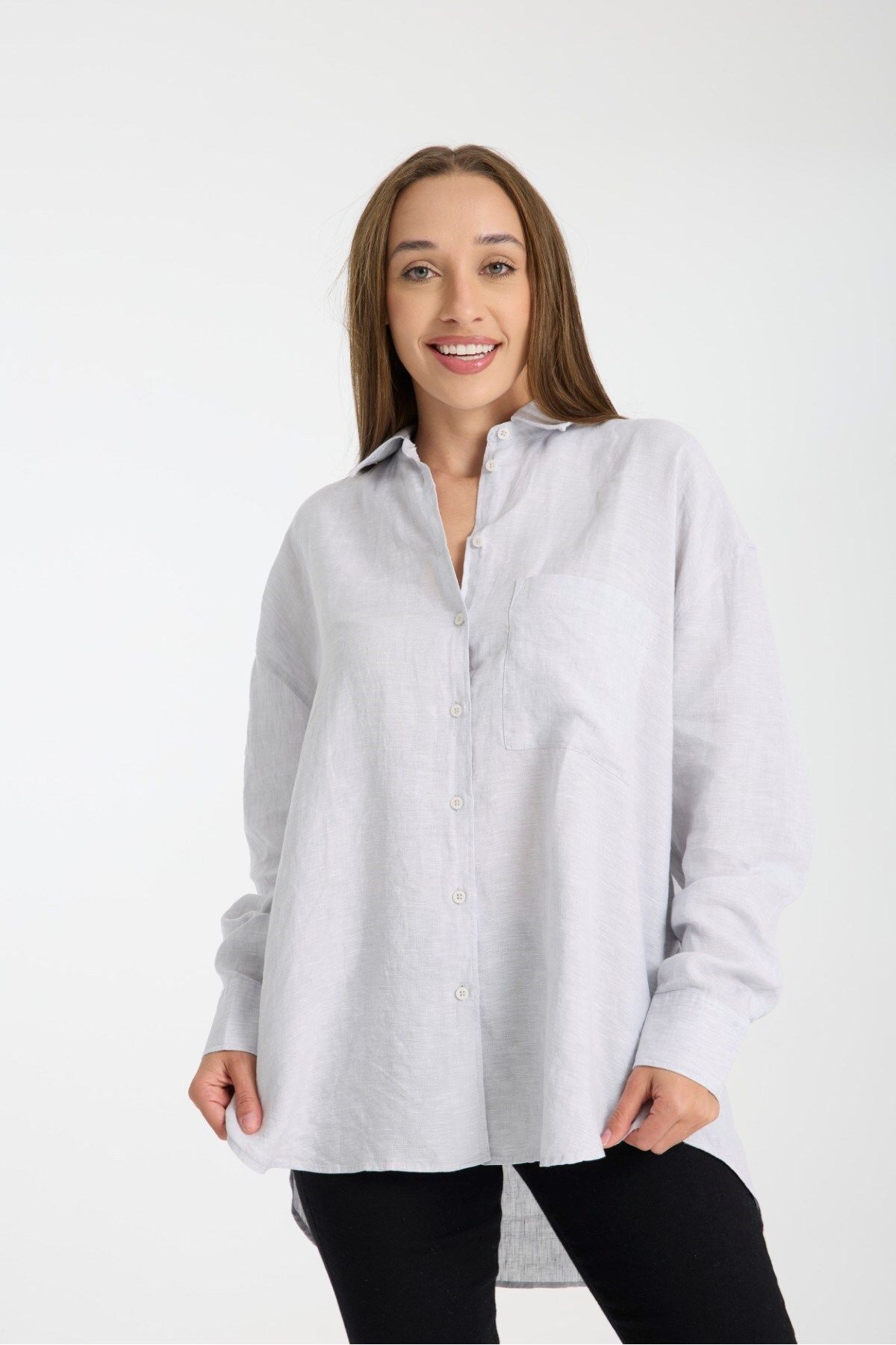 G-FOX Kadın %100 Keten Oversize Rahat Kesim Uzun Kollu Gömlek – Doğal, Nefes Alabilir, Şık Tasarım 2001