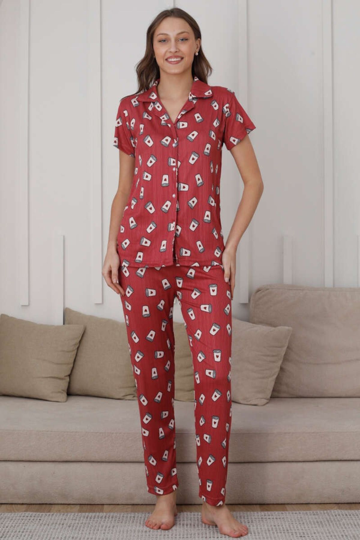 My Blog Bordo Kahve Bardağı Desenli Düğmeli Pijama Takımı - 15655