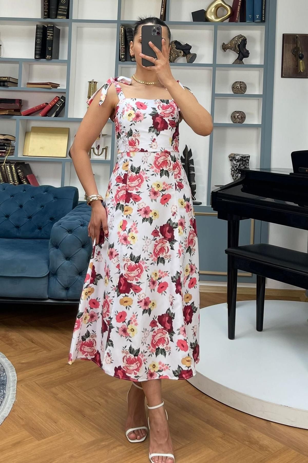 Madmext Pembe Çiçekli Bağlanabilir Askı Midi Boy Kadın Elbise Mg2465