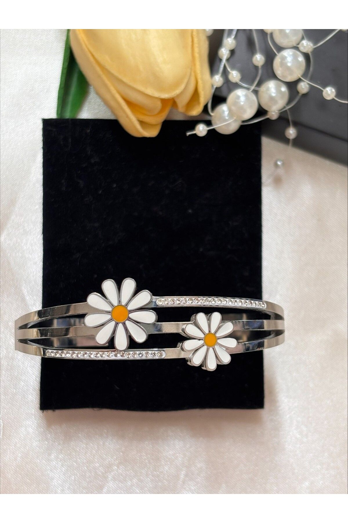 İZMİR.ACCESSORİZE TAKI & BİJUTERİ & AKSESUAR SİLVER PAPATYA FİGÜR ŞIK KELEPÇE ÇELİK BİLEKLİK