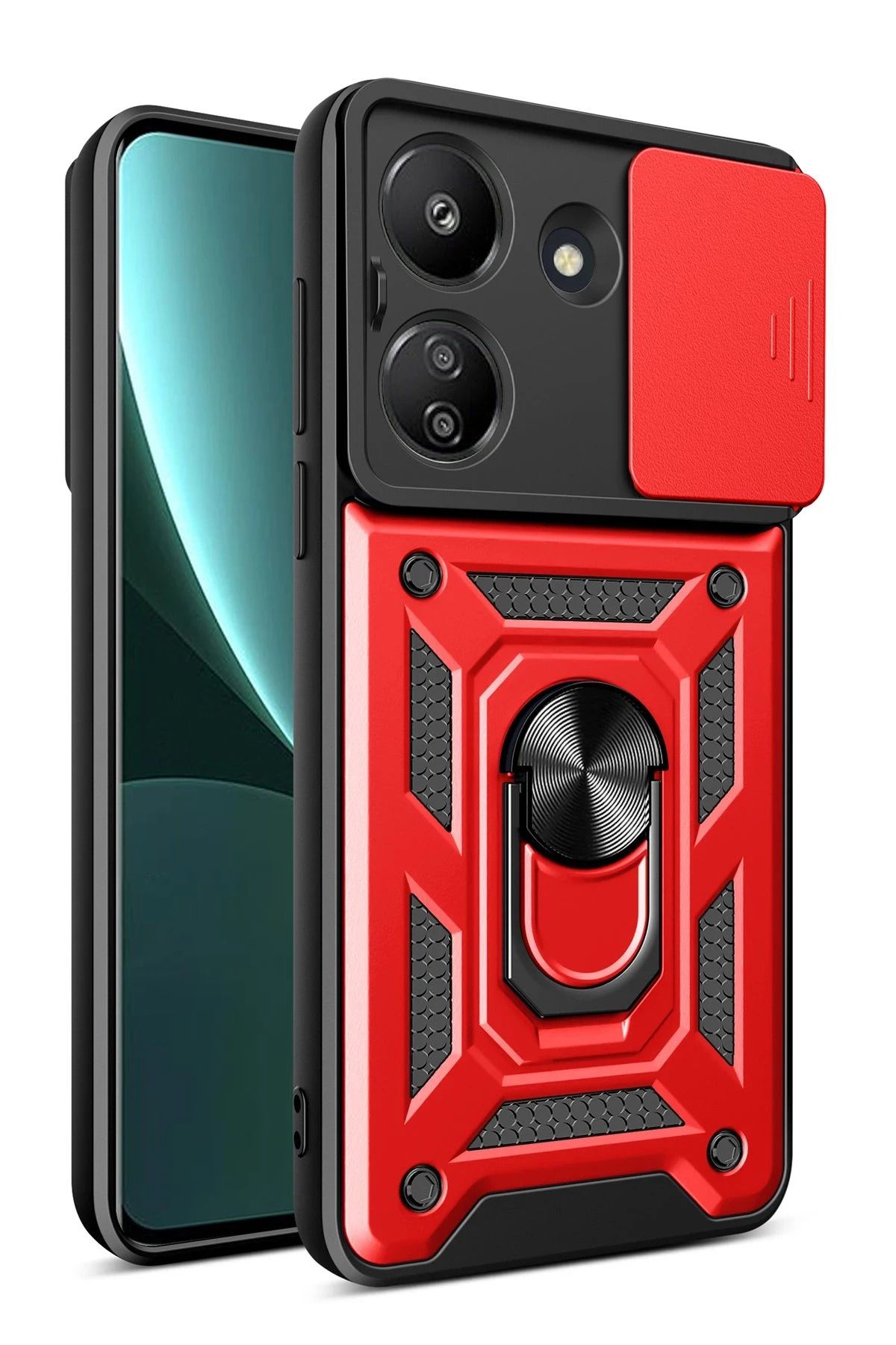 NewFace Xiaomi Redmi 13C Kılıf Pars Lens Yüzüklü Silikon - Kırmızı JOJUA