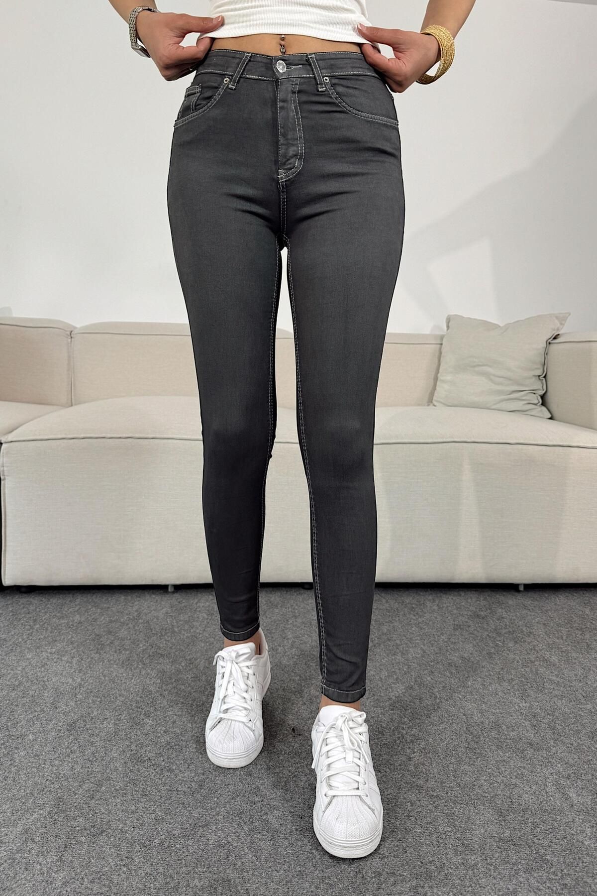 Butik Gardrop Yüksel Bel Slim Fit Jean Pantolon Füme