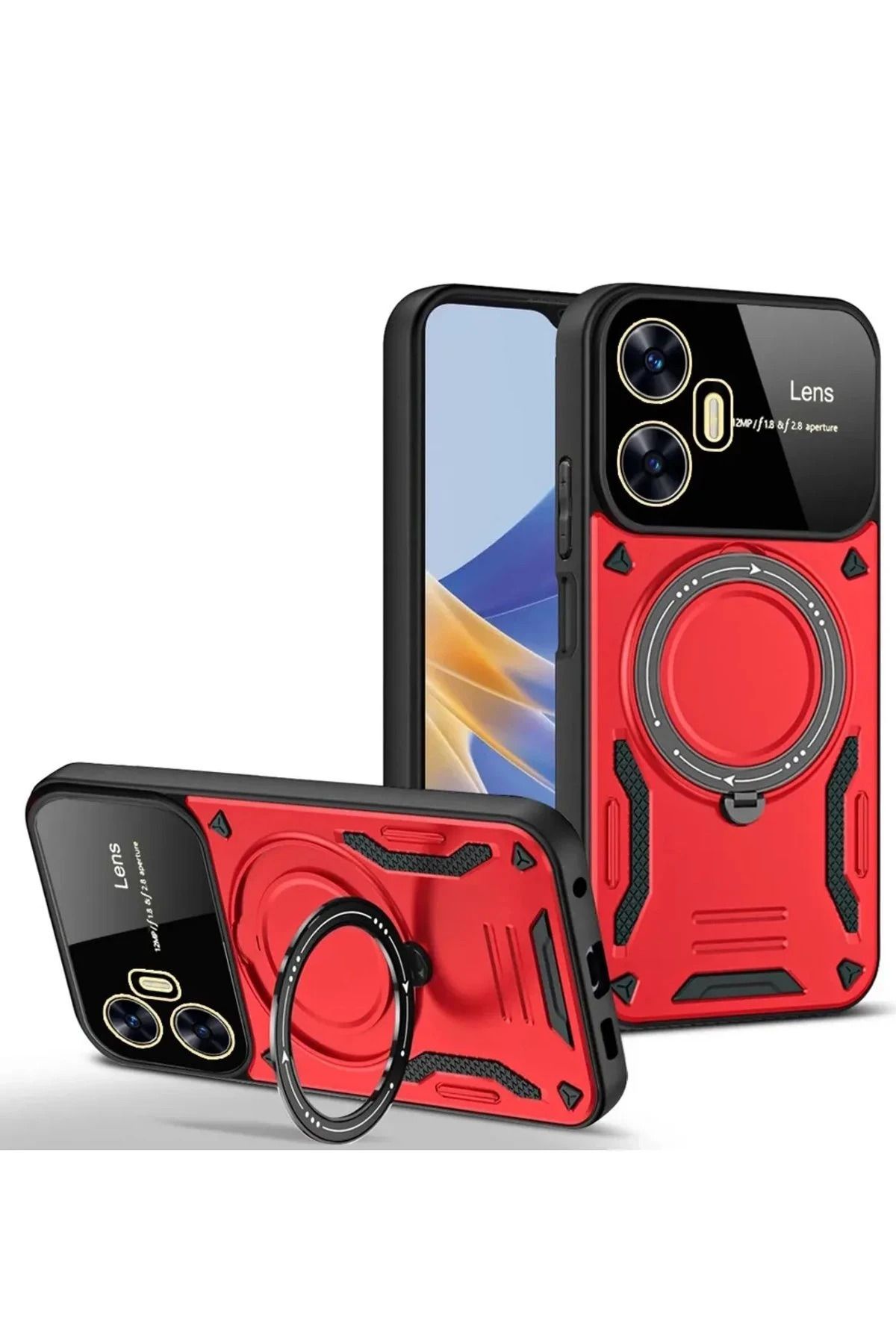 NewFace Realme C55 Kılıf Joy Lens Standlı Kapak - Kırmızı NRMSA