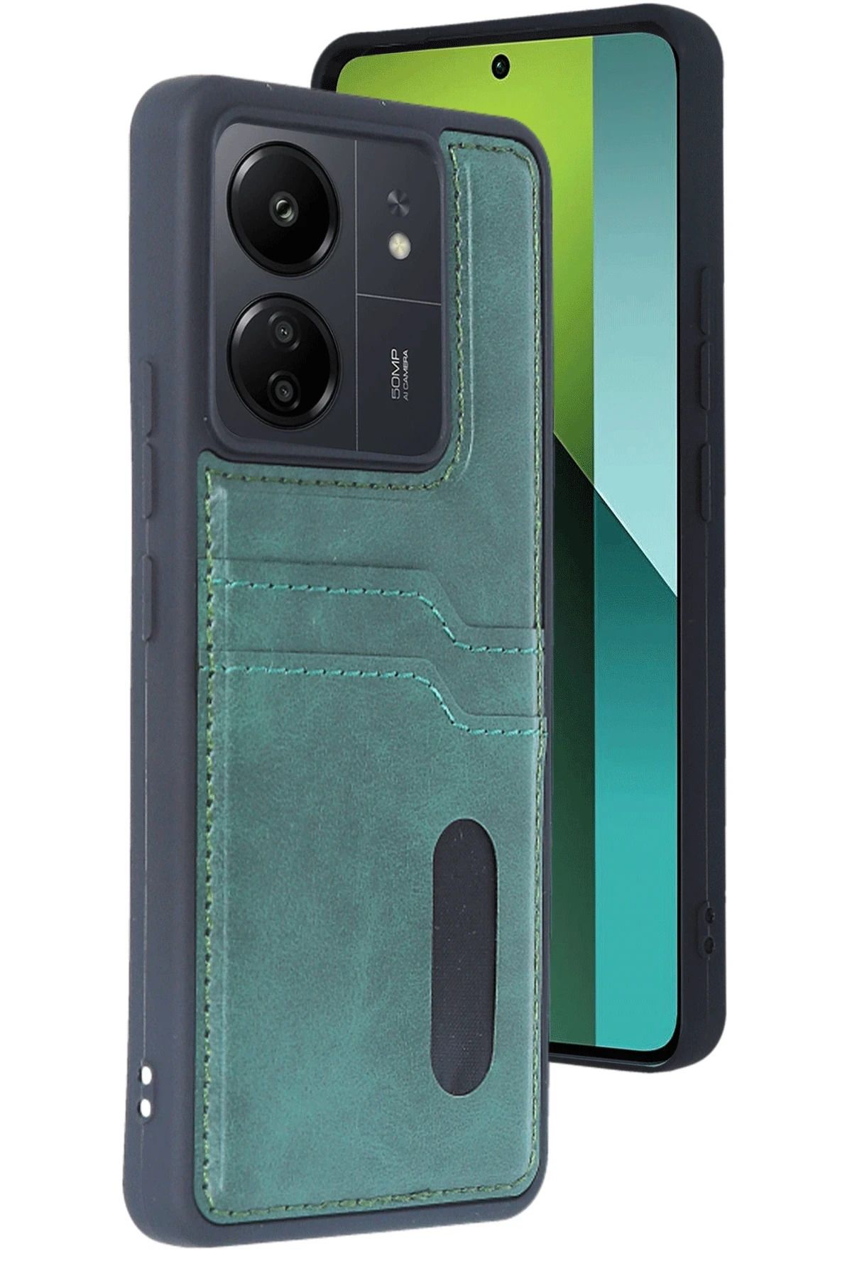NewFace Xiaomi Redmi 13C Kılıf Sara Kartvizitli Deri Kılıf - Koyu Yeşil JOJUA