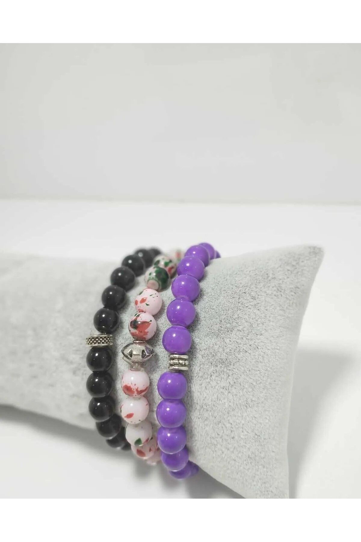 İZMİR.ACCESSORİZE TAKI & BİJUTERİ & AKSESUAR RENKLİ CAM BONCUK BİLEKLİK SET 3 ADET SİYAH & BEYAZ & MOR