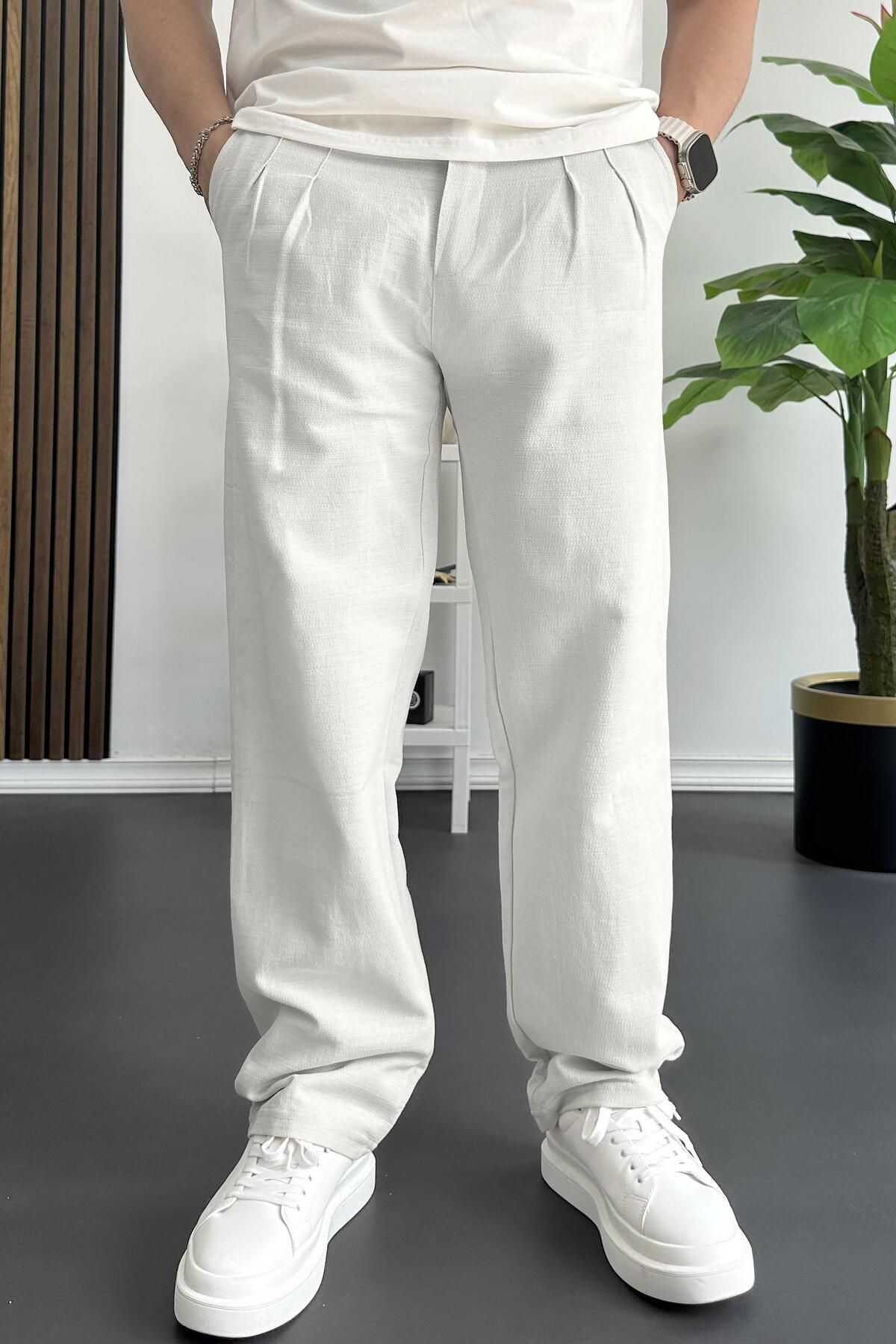 Edwox Erkek Beli Düğmeli Baggy Kalıp Pileli Pantolon Beyaz Edw357