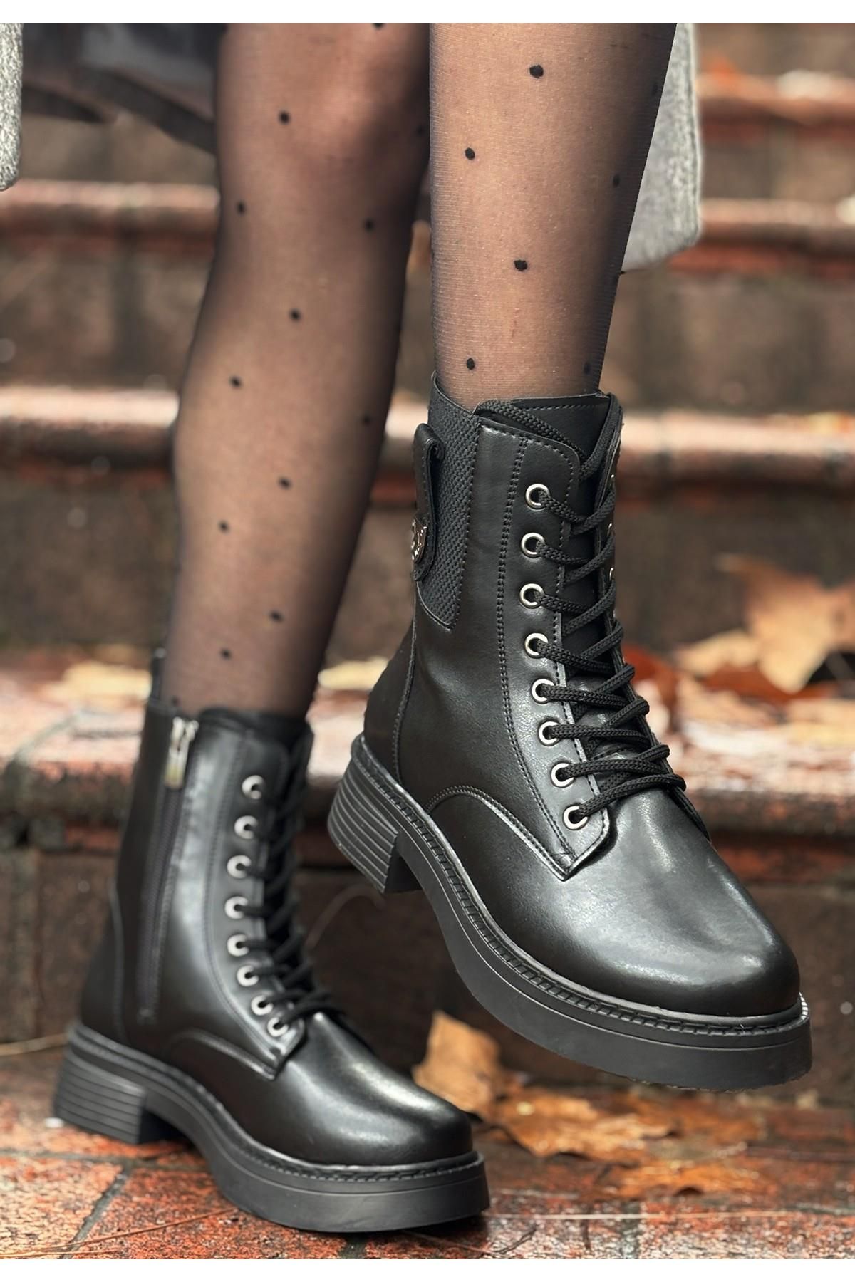 Nil Shoes Ceprin Siyah Cilt Bağcıklı Bot