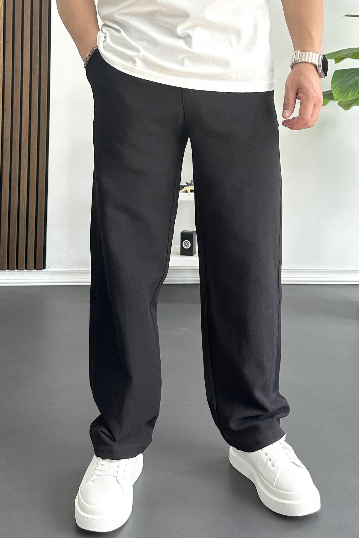 Edwox Erkek Beli Düğmeli Baggy Kalıp Pileli Pantolon Siyah Edw357