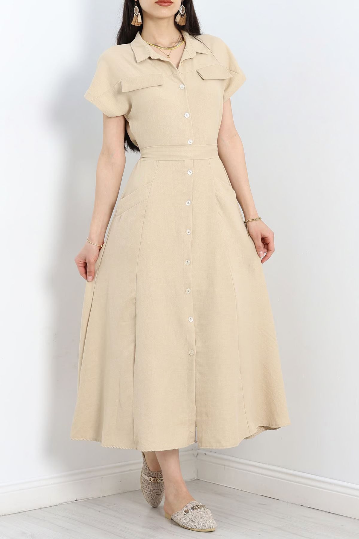 Minoria store Midi Boy Keten Cepli Elbise