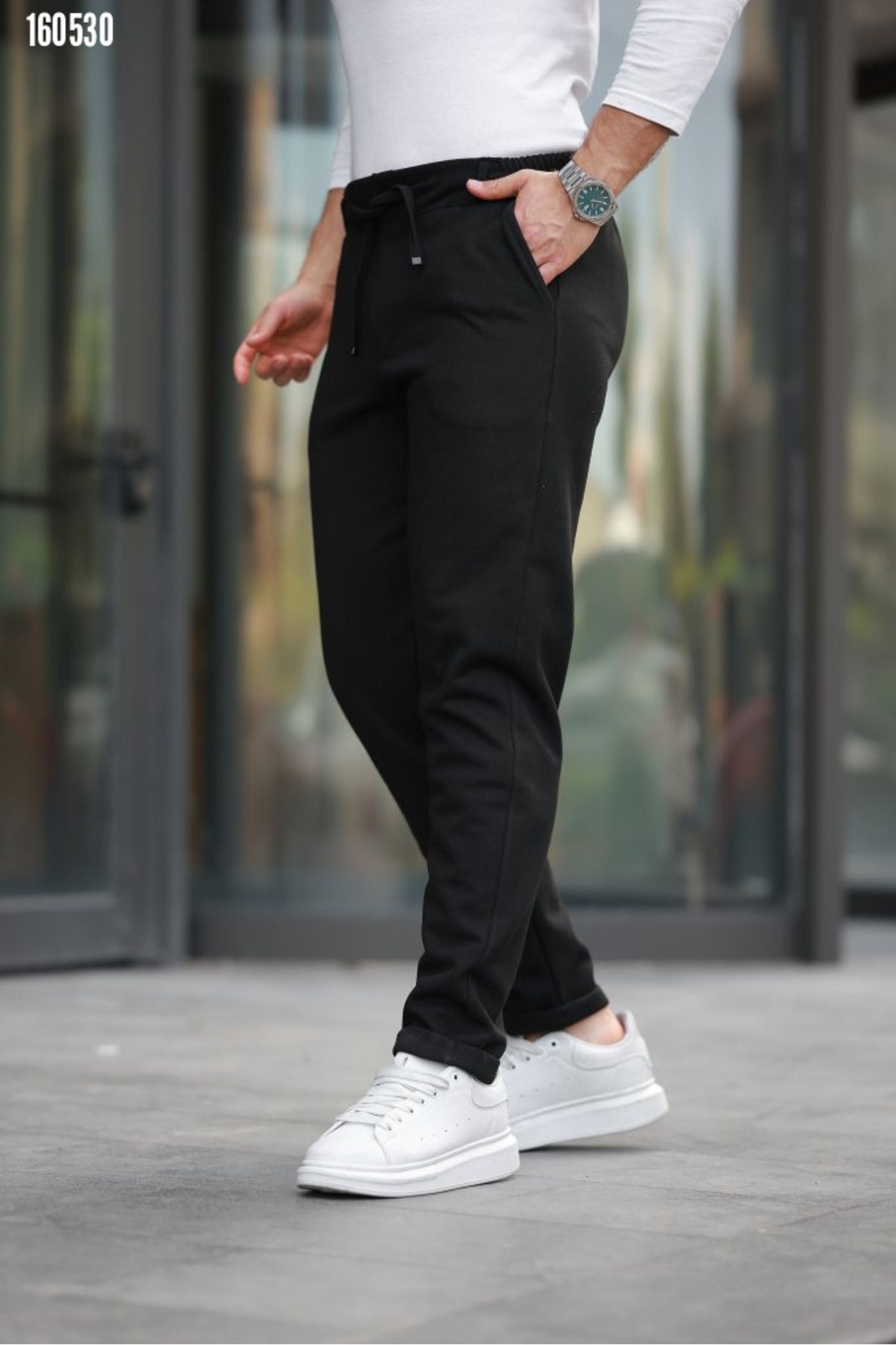 moda wanilia Erkek Bağcıklı Double Paça Örme Kumaş Jogger Pantolon