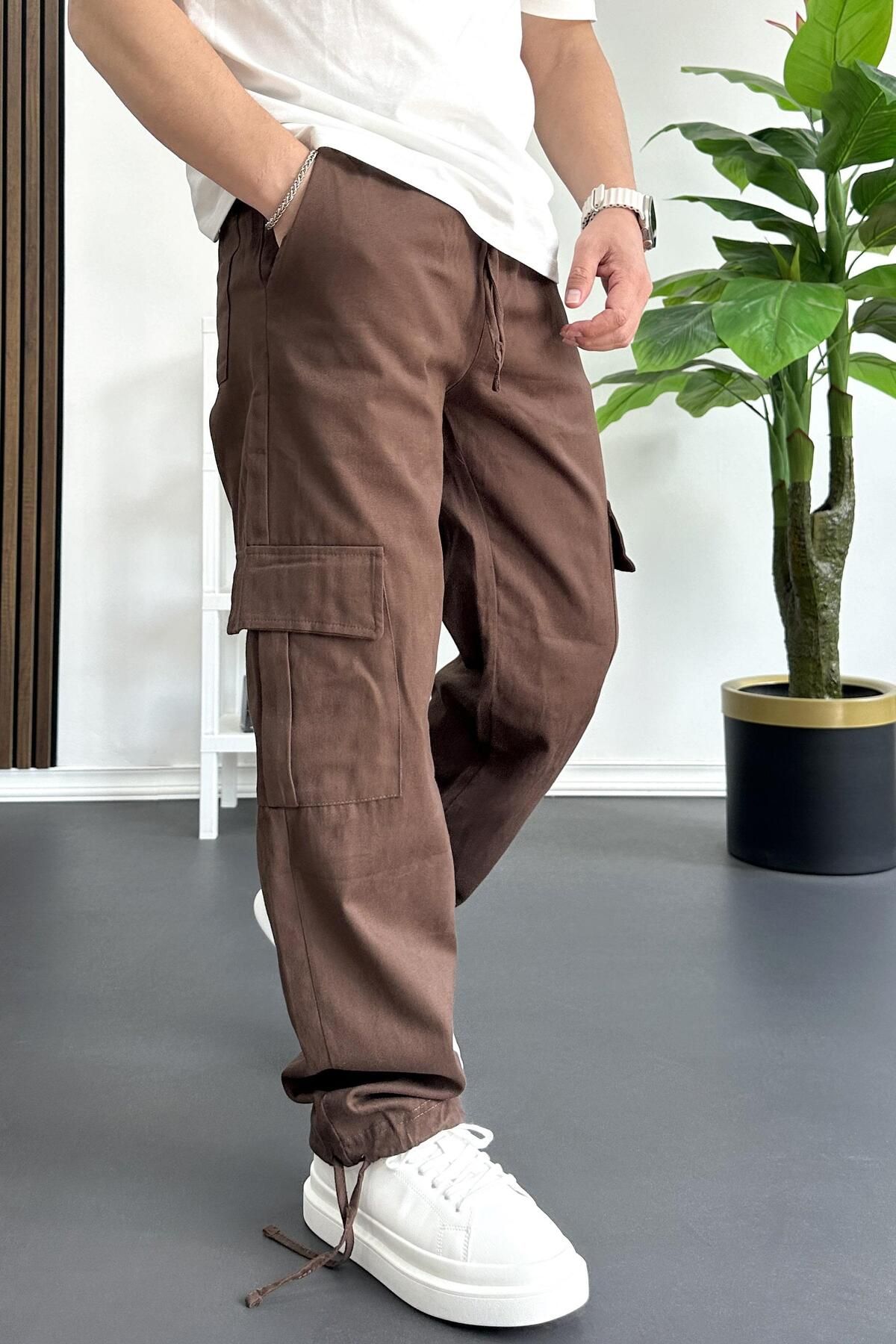 Edwox Erkek Kargo Cepli Paçası Ayarlanabilir Baggy Pantolon Kahverengi Edw355