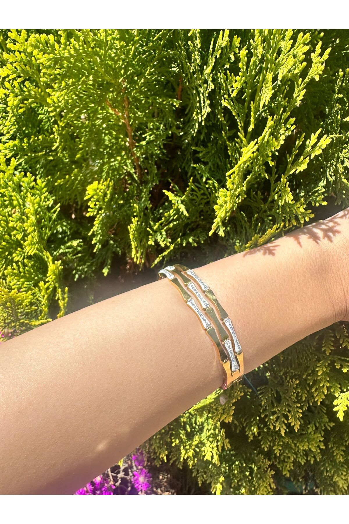 MODA Kadın Paslanmaz Çelik Gold Charm Taşlı Bambu Kelepçe Bilezik
