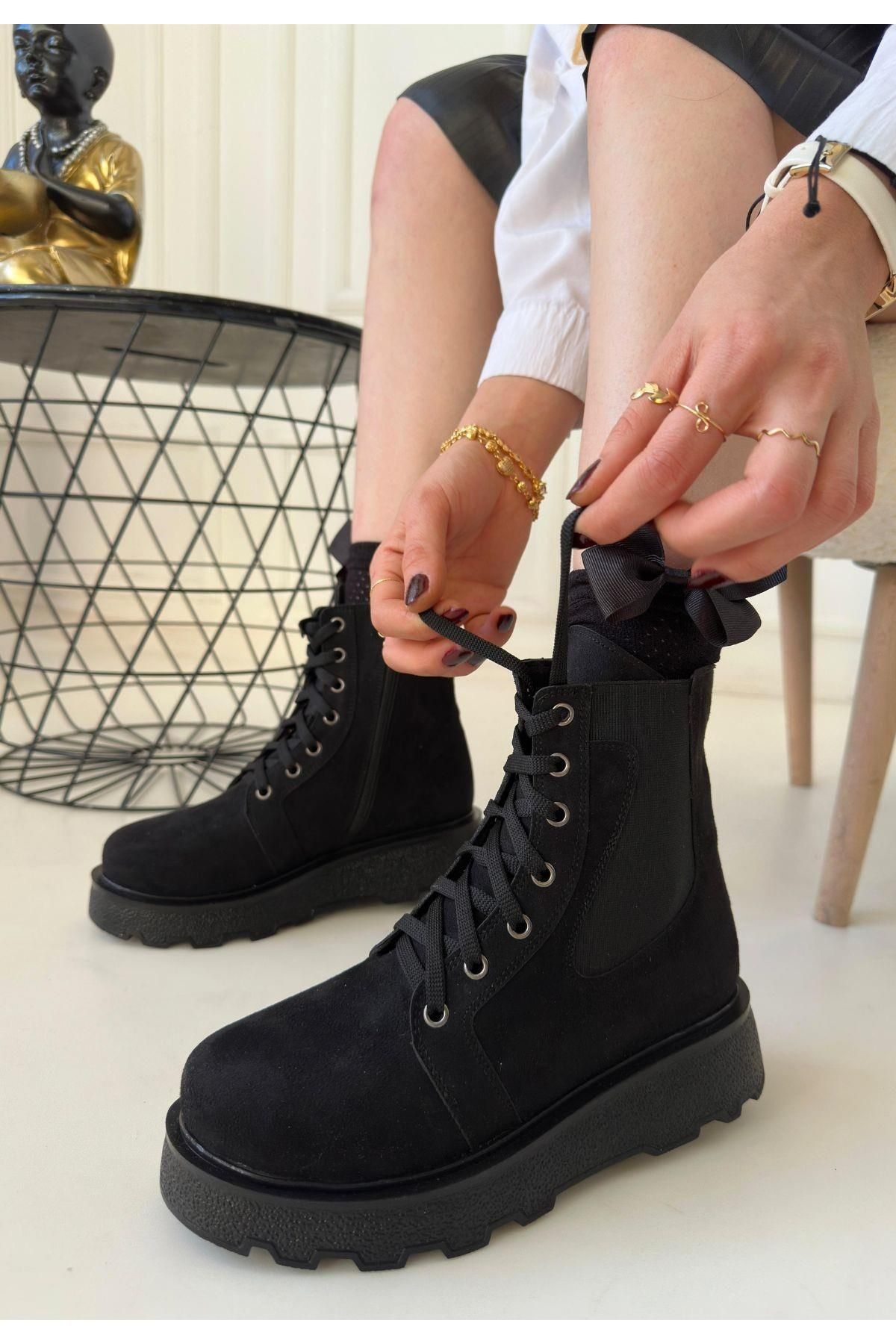 Nil Shoes Niori Siyah Süet Bağcıklı Bot