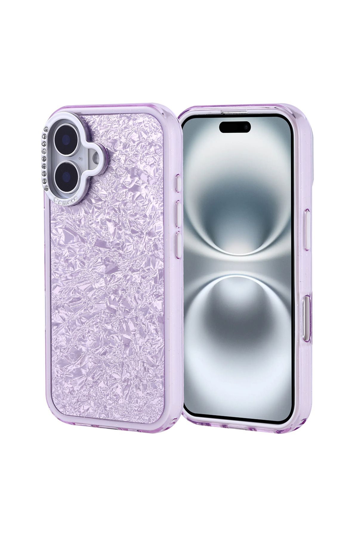 Strap U Apple iPhone 16 Kırık Cam Efektli Işıltılı Kılıf Kamera Koruması Taşlı Tasarım Kapi Kapak