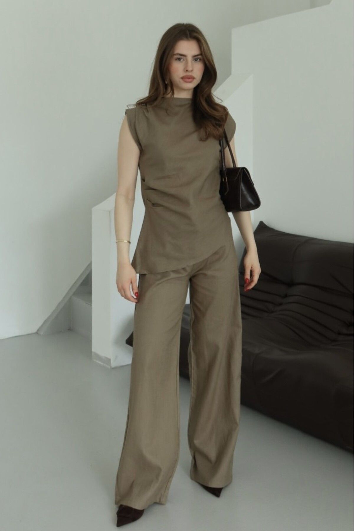 Laluvia Haki Asimetrik Bluz Pantolon Takım - 7227