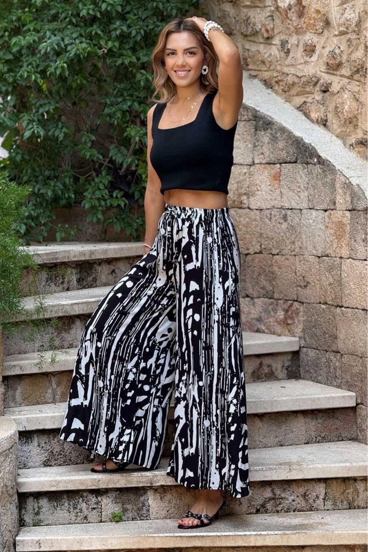 Nevin Kaya Moda İTALYAN Siyah Çizgi Desenli %100 Pamuk Viskon Pantolon
