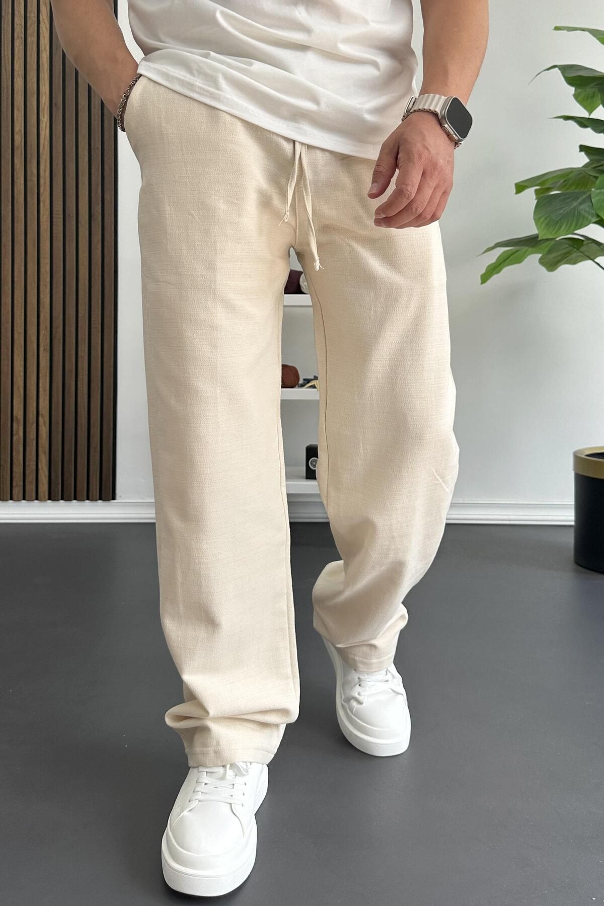 Edwox Erkek Beli Lastikli Baggy Kalıp Pantolon Krem Edw356