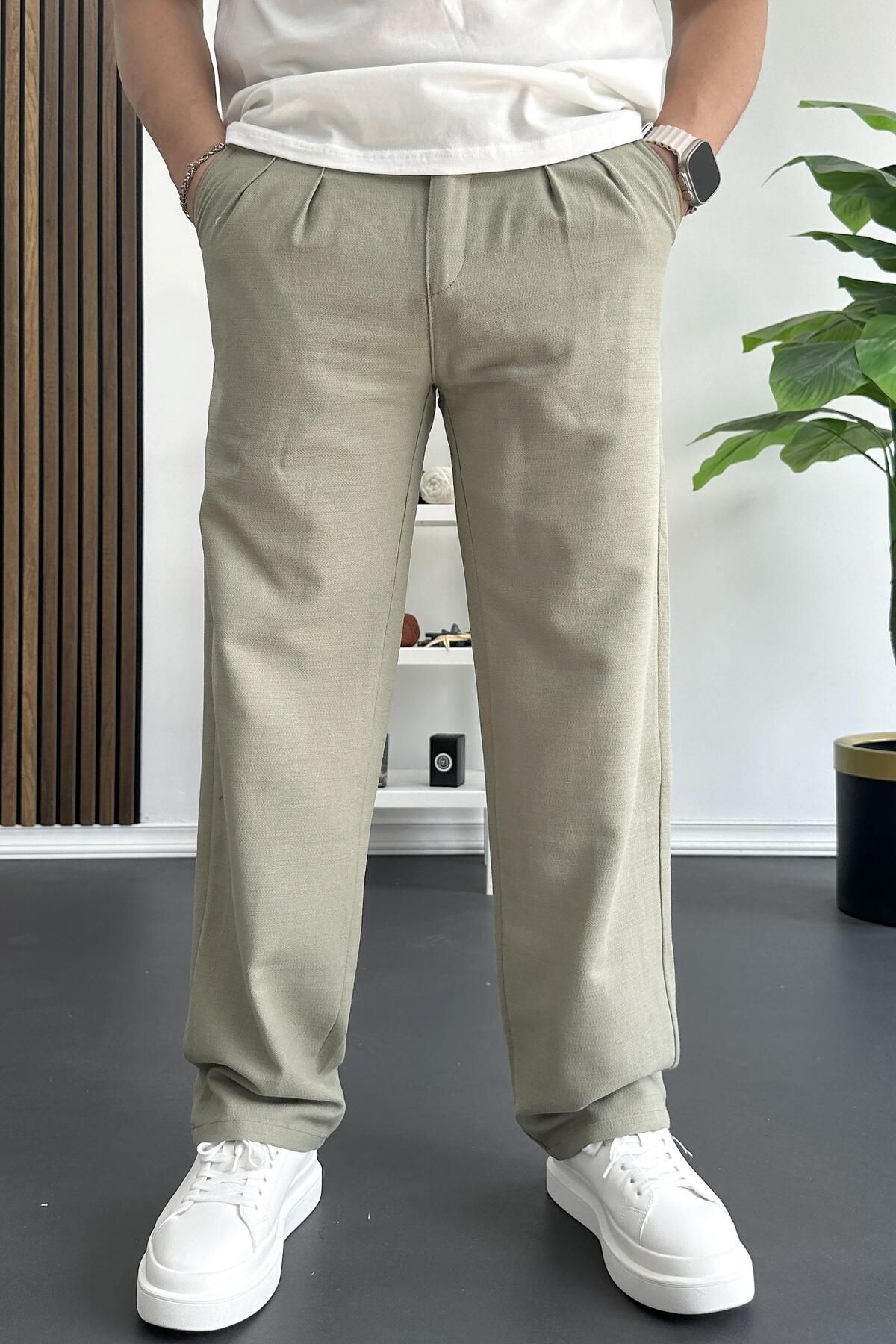 Edwox Erkek Beli Düğmeli Baggy Kalıp Pileli Pantolon Yeşil Edw357