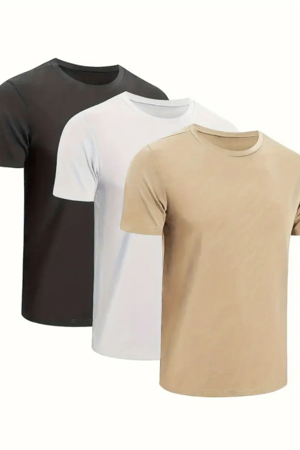 Tarz Cool Erkek Beyaz-Siyah-Bej %100 Pamuk 3 Lü T-shirt Paketi