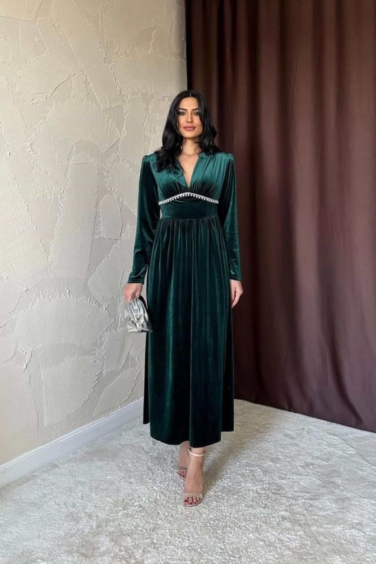 Butik Zümrüt Göğüs Altı Taşlı Elbise