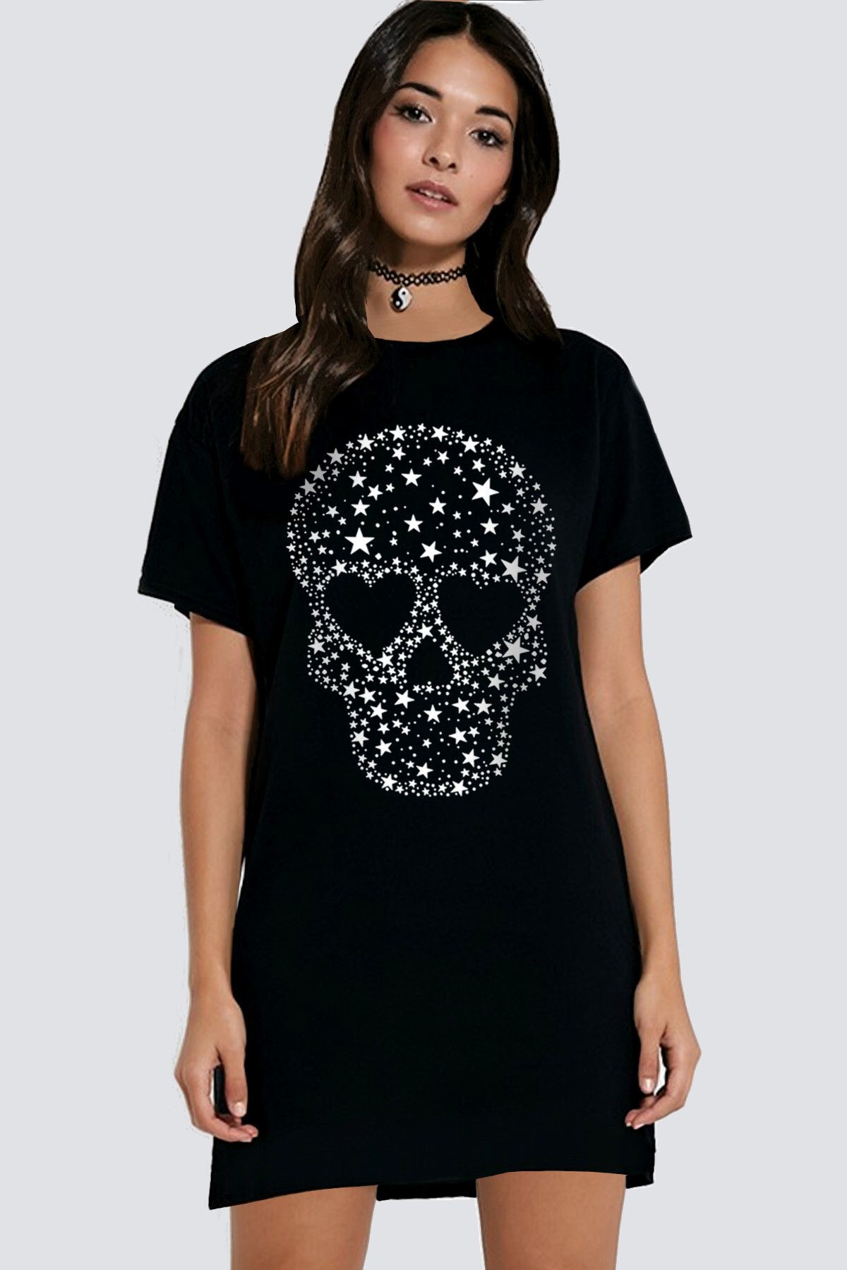 ROCKANDROLL Yıldızlı Kurukafa Siyah Kısa Kollu Penye Kadın T-shirt Elbise