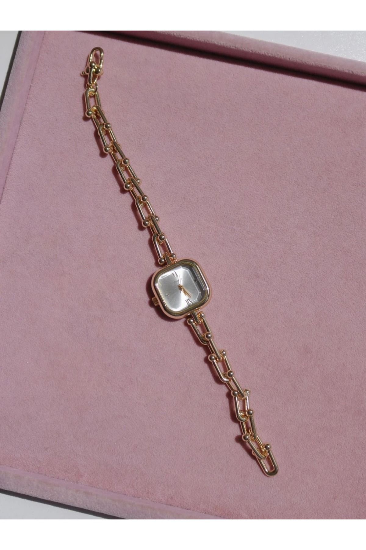 Reorah Collection Golden Chain White Saat-Kare Beyaz Zincirli Saat