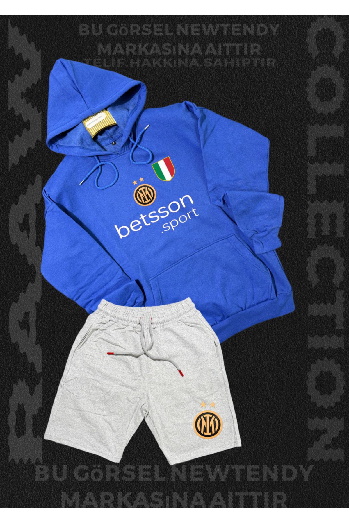 Minikelya Inter Logolu Kapüşonlu Sweatshirt ve Açık Şort Takımı Erkek Taraftar Spor Giyim Seti 2li kombin