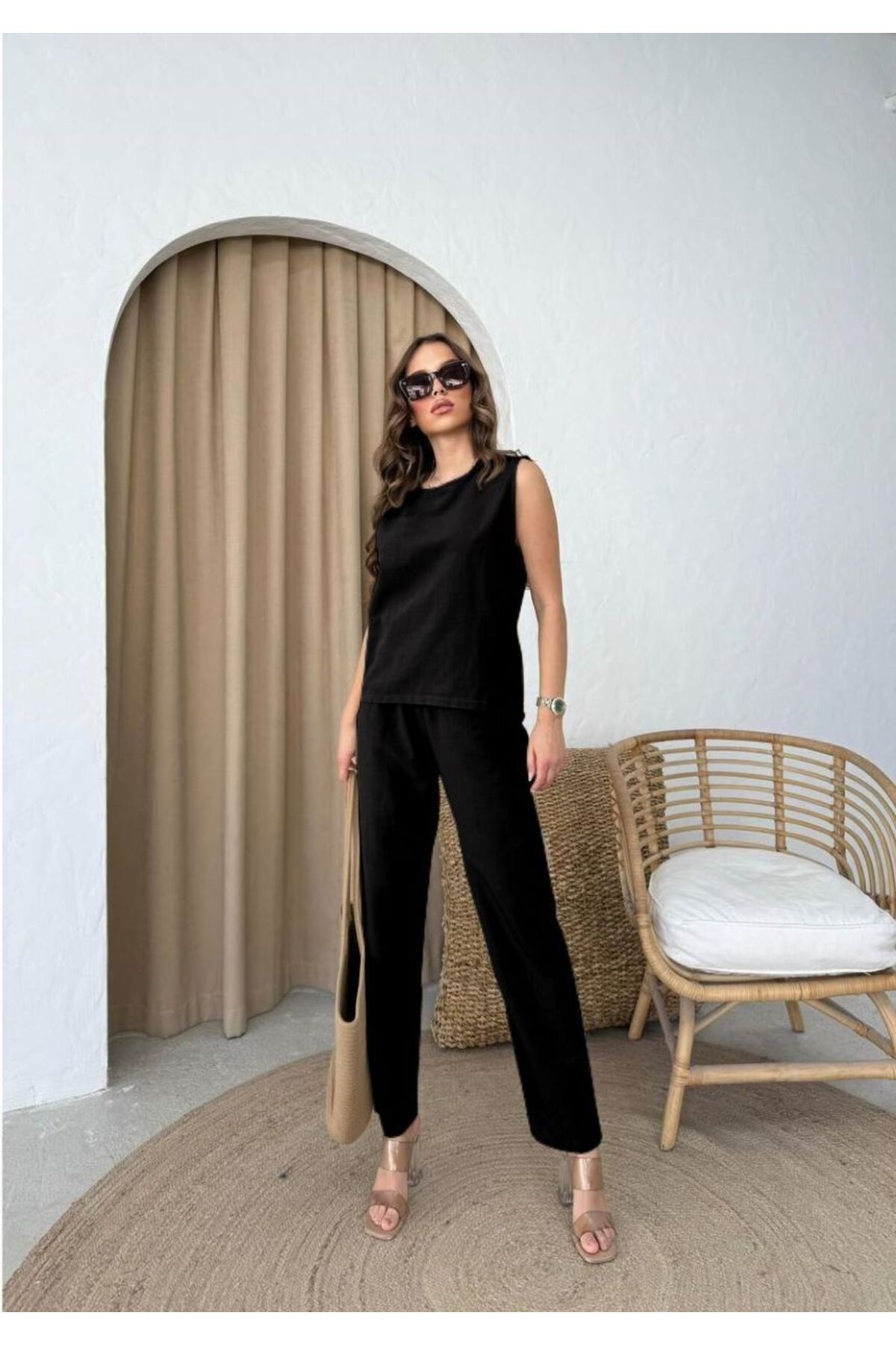 jennyfer garment İTHAL KETEN KUMAŞ BLUZ CEP DETAYLI PANTOLON