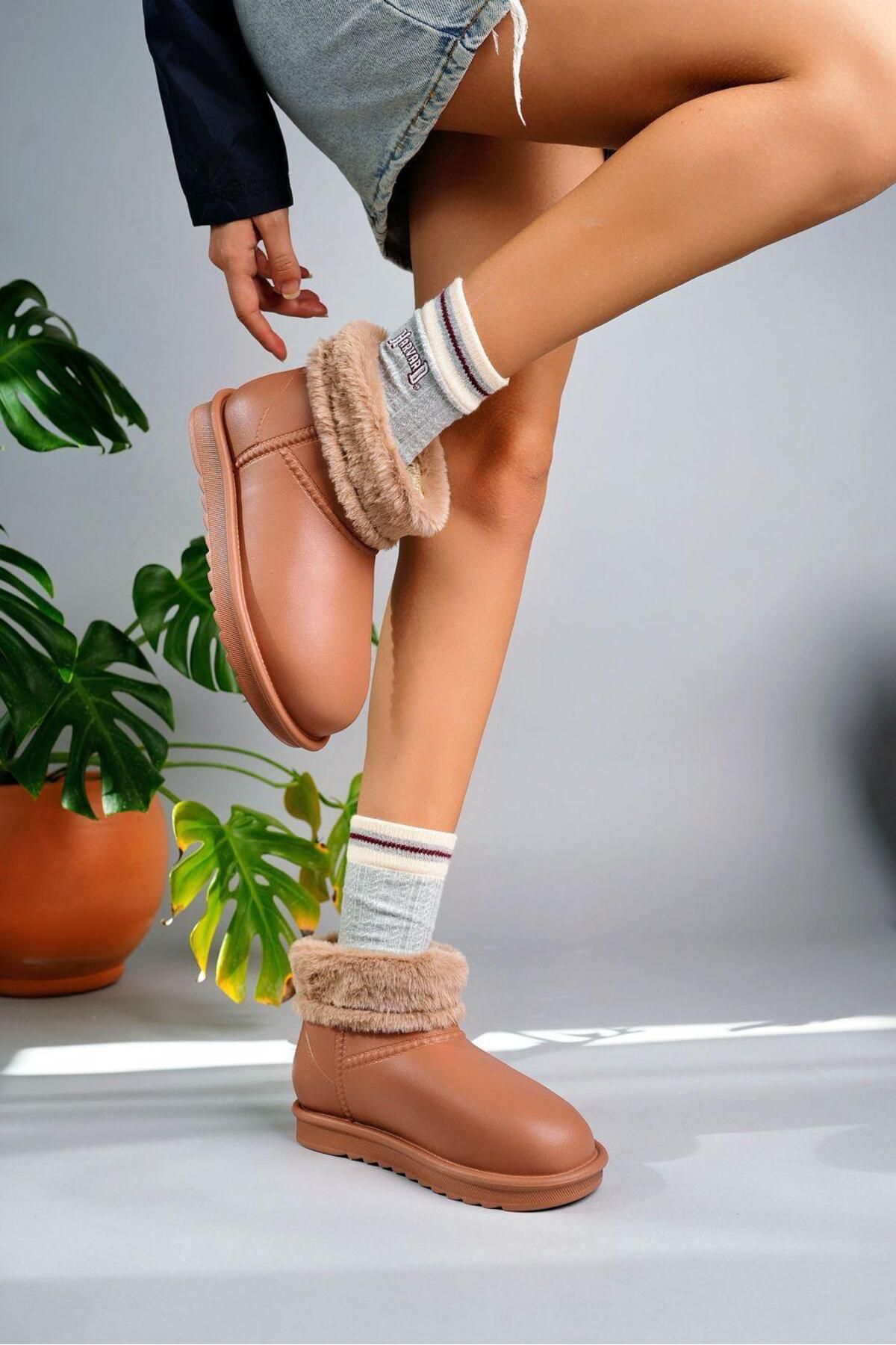 Nil Shoes Mordi Taba Oval Burunlu Su Geçirmez İçi Kürklü Bot