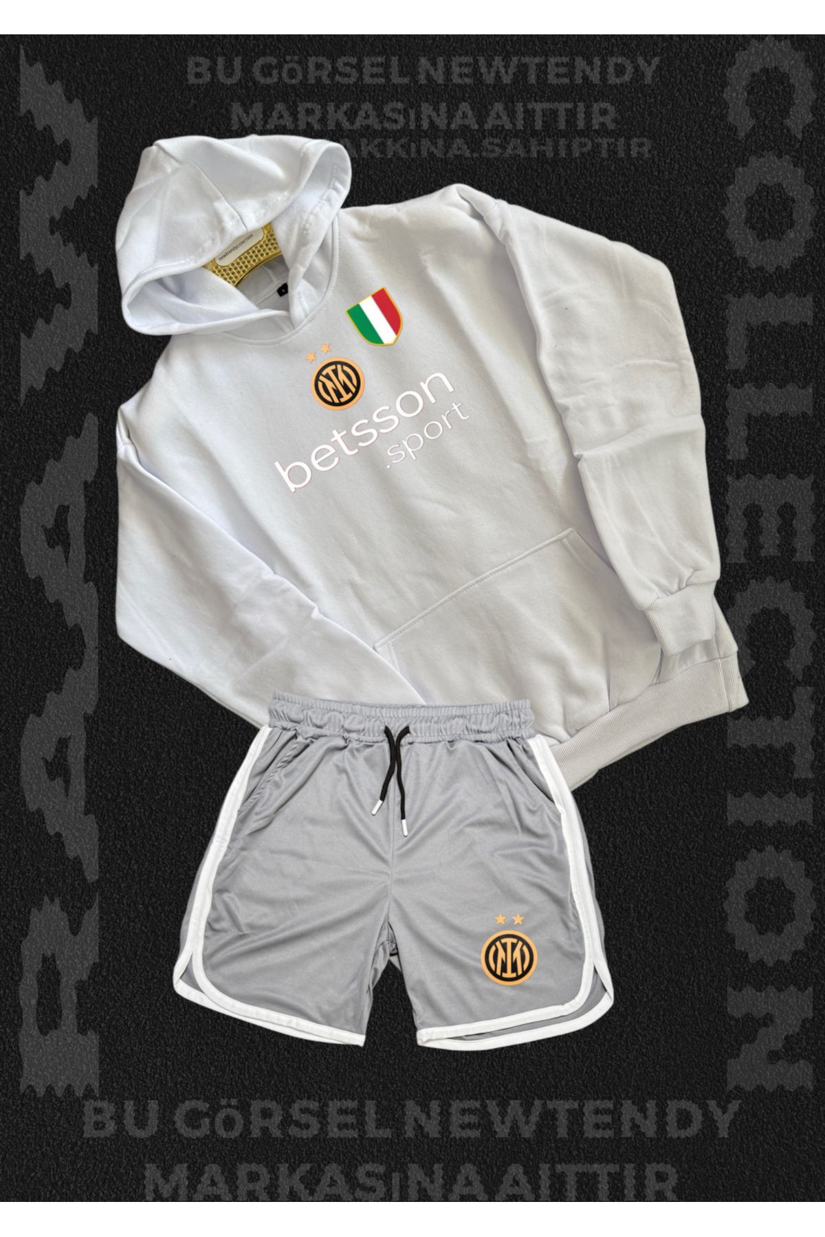 Minikelya Inter Milano Logolu Kapüşonlu Sweatshirt ve Şort Takımı Taraftar Spor Giyim Seti 2li kombin