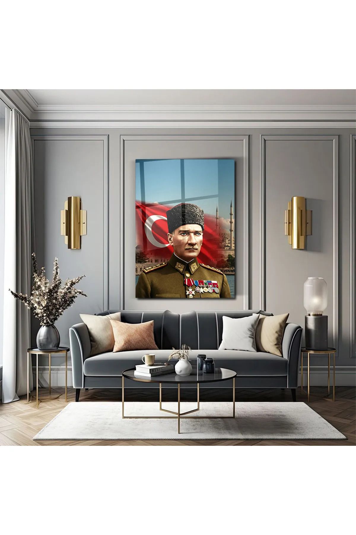 PoyKilArt Cam Tablo - MUSTAFA KEMAL ATATÜRK BAŞKOMUTAN - Duvar dekorasyonu - Ofis dekorasyonu - DK