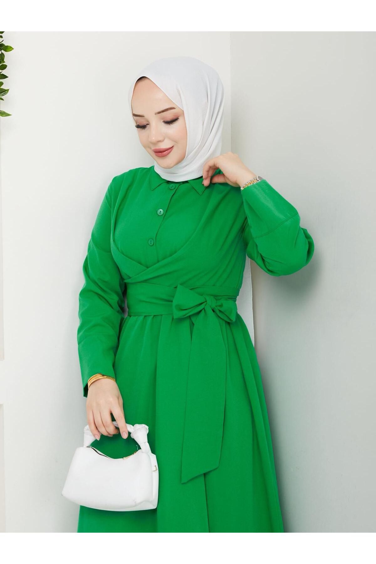 exxitcollection Terikoton Kuşaklı Tesettür Elbise 135 cm
