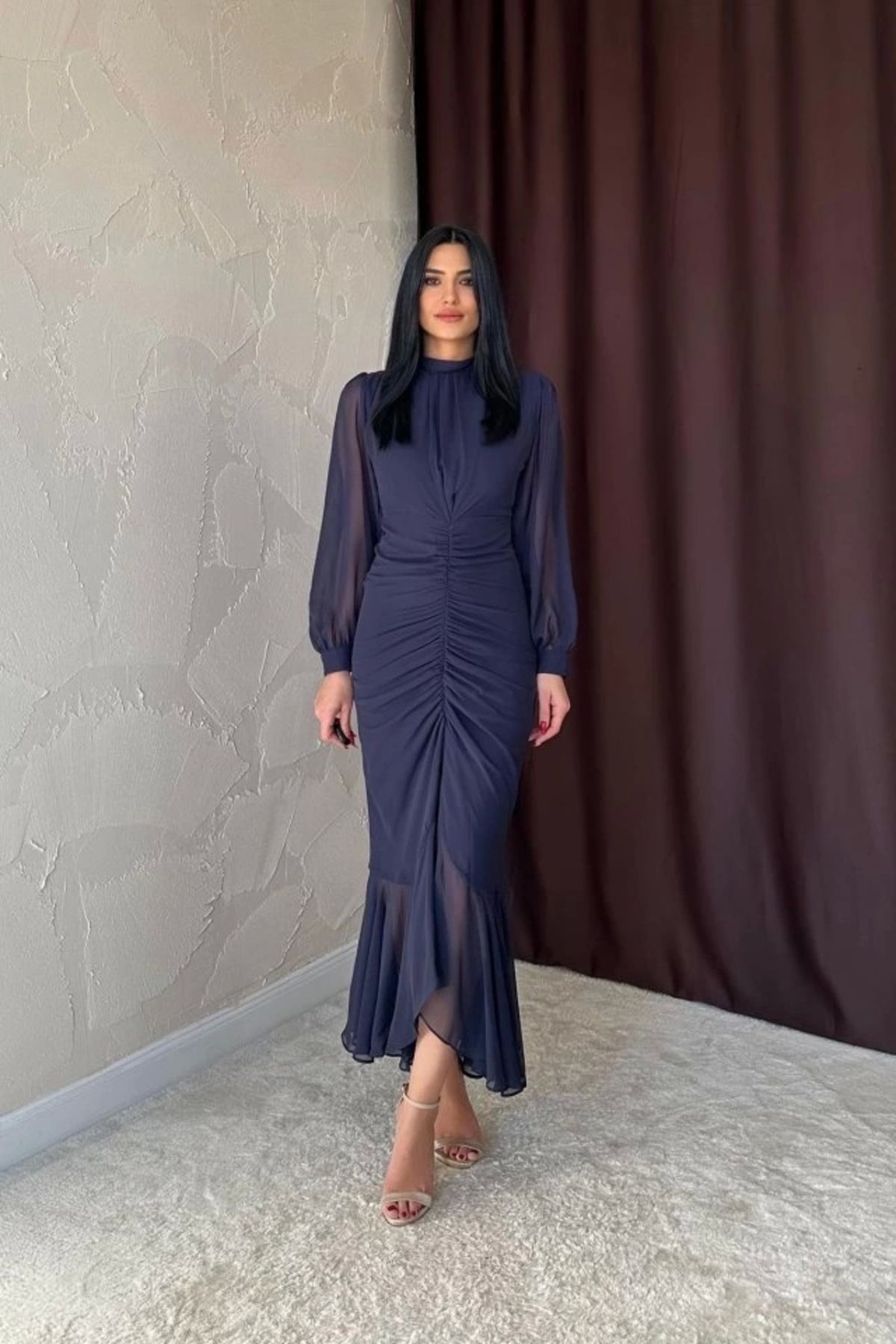 Butik Lacivert Önü Büzgülü Şifon Elbise
