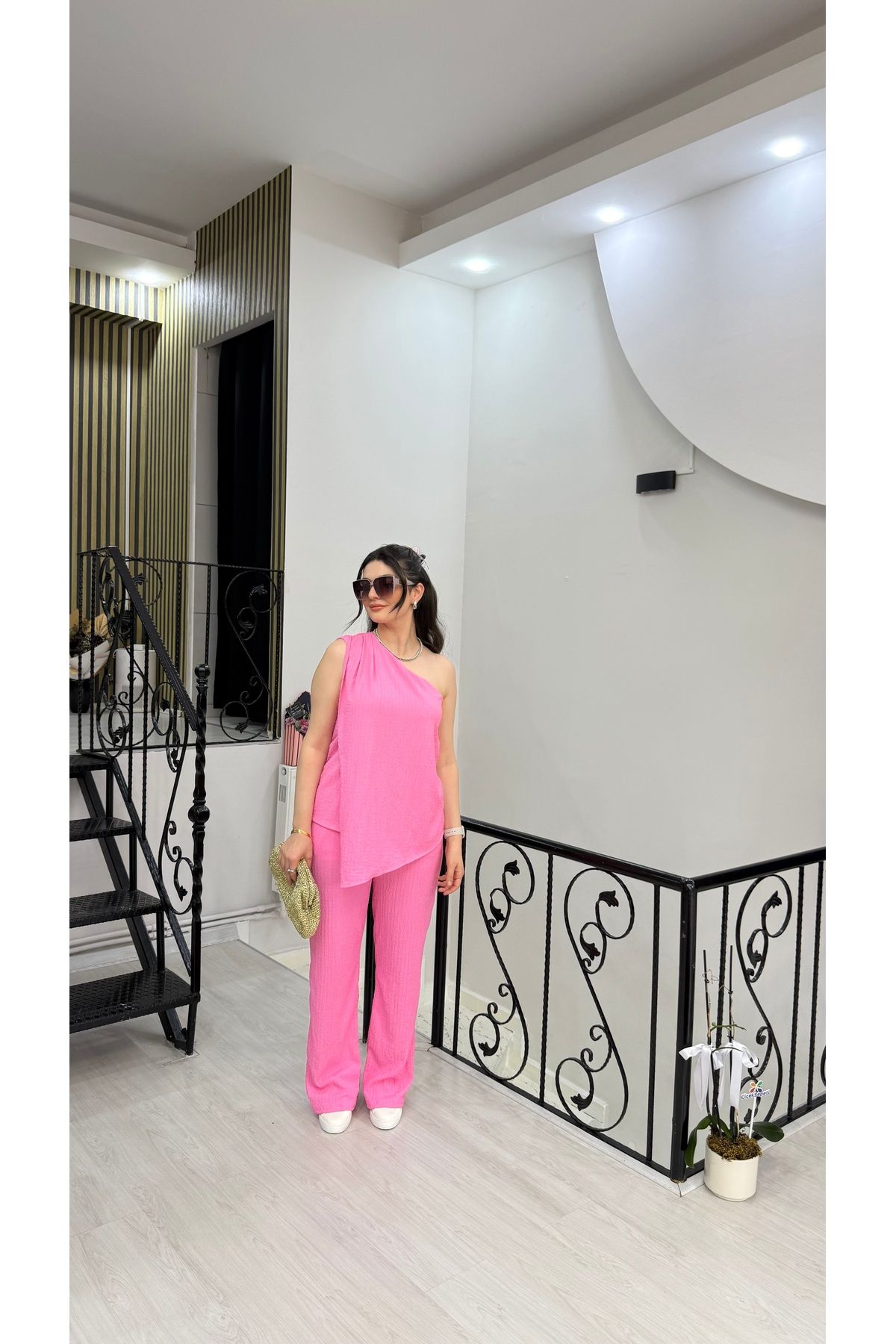 Butik Pembe fit gofre kumaş alaçatı bürümcük bluz lastikli pantolon ikili takım