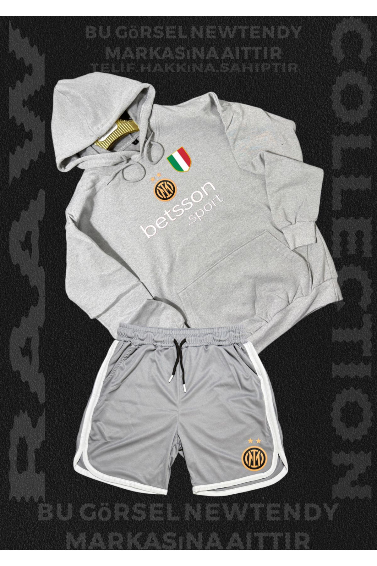 Minikelya Inter Milano Logolu Kapüşonlu Sweatshirt ve Şort Takımı Taraftar Spor Giyim Seti 2li kombin