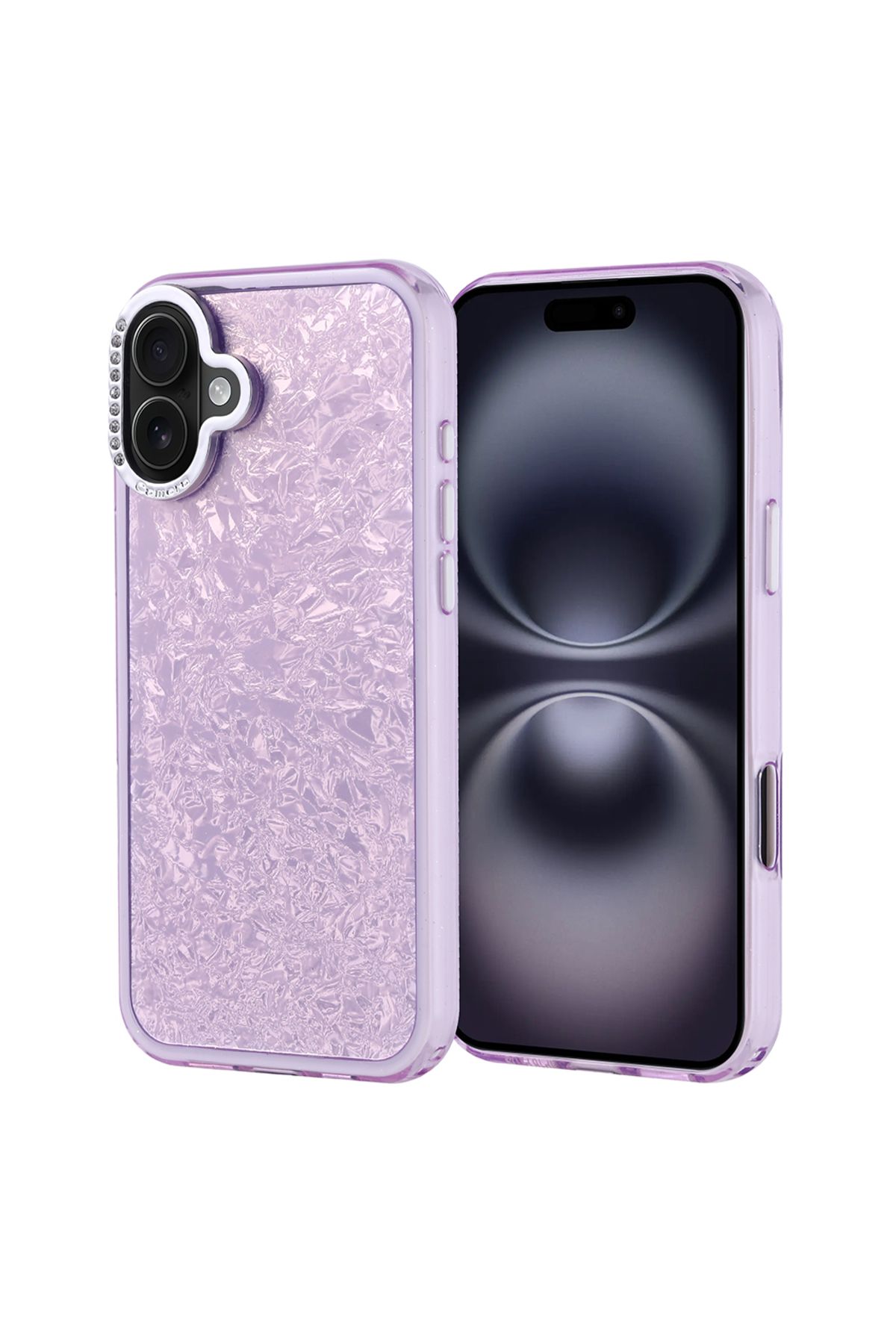 Strap U Apple iPhone 16 Plus Kırık Cam Efektli Işıltılı Kılıf Kamera Koruması Taşlı Tasarım Kapi Kapak